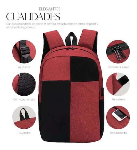Mochila Para Laptop Carga Usb Negra con Rojo