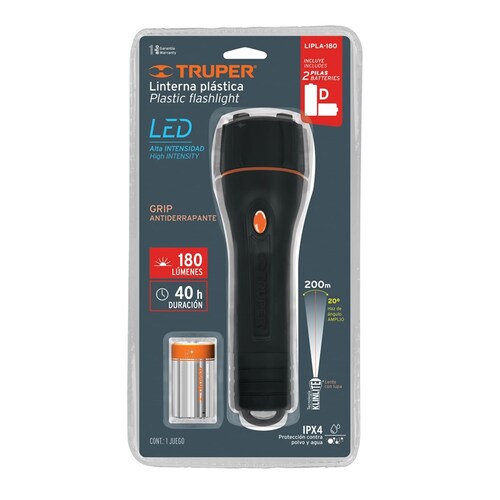Linterna plástica 1 LED 180 lm con 2 pilas D, Truper 13019