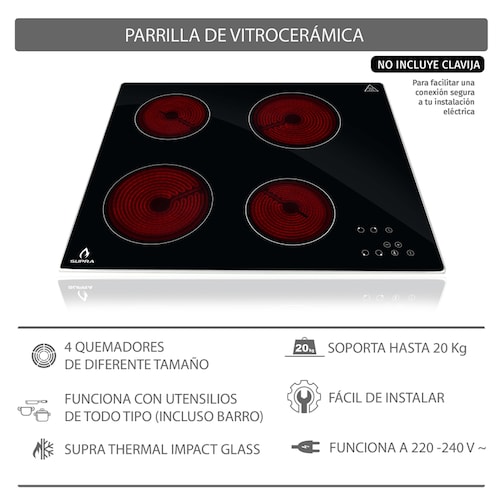 Parrilla de vitrocerámica 4 quemadores SUPRA VITRO4 de cristal templado negro