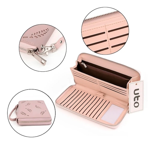 Cartera Uto Con 18 Bolsillos Y Brazalete Para Mujer Rosa.