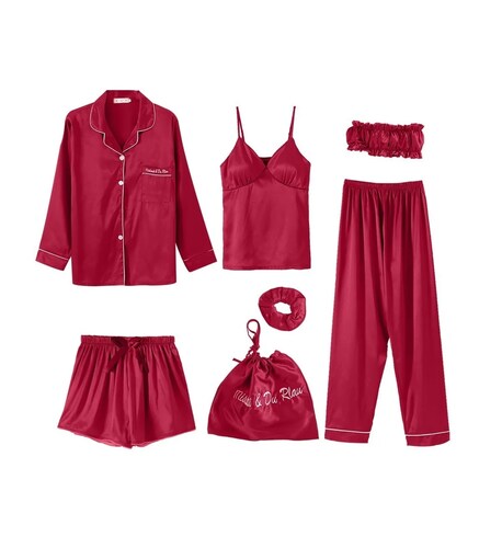 Pijamas Para Mujer De Seda 7 Piezas Roja Talla L