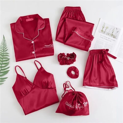 Pijamas Para Mujer De Seda 7 Piezas Roja Talla L