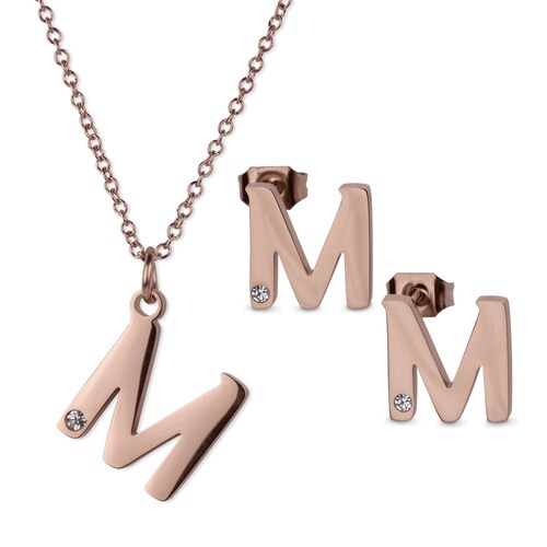 LuckyLy Set de Joyería para Mujer de Iniciales, Acero Inoxidable con Baño de Oro Rosa 18k y Zirconia Cúbica, Collar y Aretes Letras, Modelo Yara