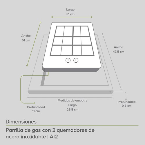 AVERA Parrilla de Gas Acero Inoxidable 2 Quemadores AI2