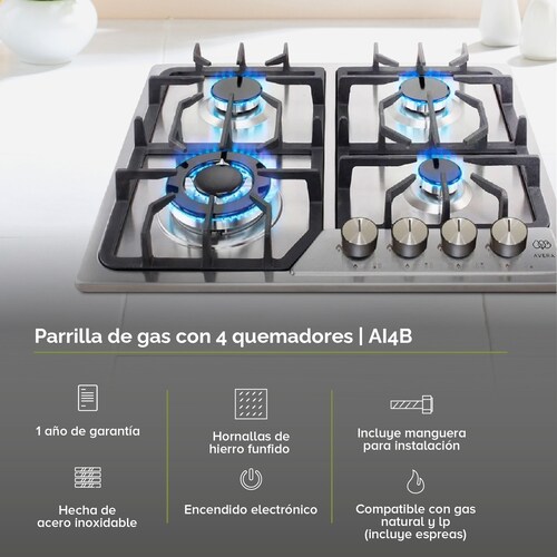 AVERA Parrilla de Gas Acero Inoxidable con 4 Quemadores AI4B