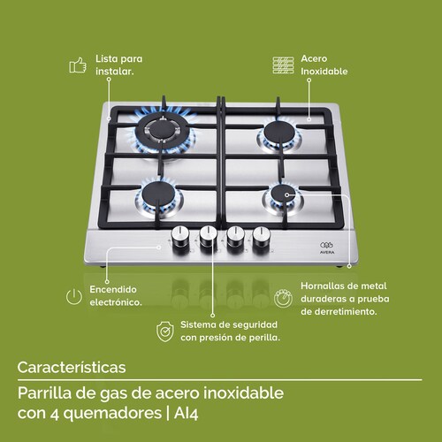 AVERA Parrilla de Gas Acero Inoxidable con 4 Quemadores AI4