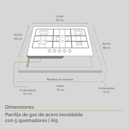 Parrilla de Gas Acero Inoxidable con 5 Quemadores Avera AI5