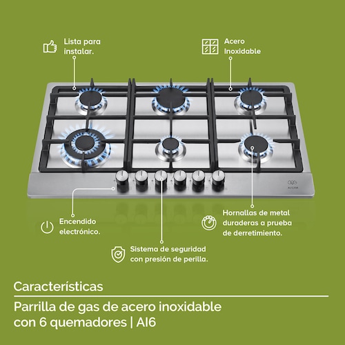 AVERA Parrilla de Gas Acero Inoxidable con 6 Quemadores AI6
