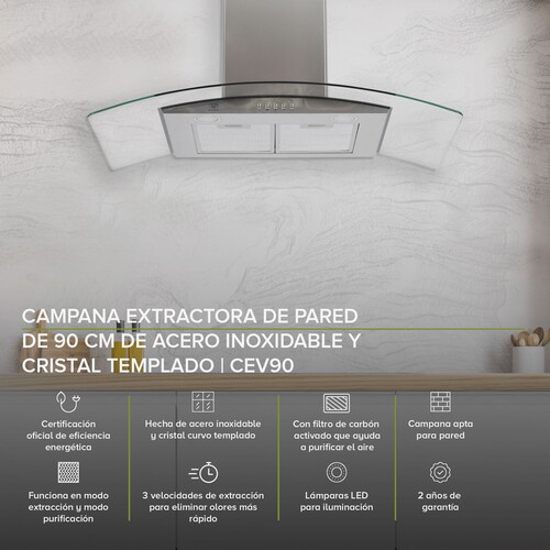 AVERA Campana Extractora o Purificadora para Cocina de Pared 90 cm Cristal Templado y Acero Inxoidable CEV90