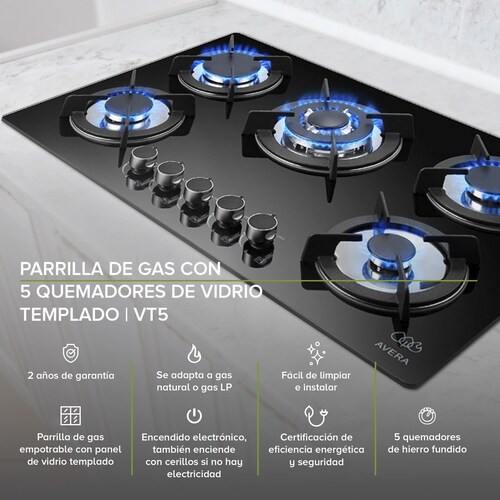 Parrilla de Gas Vidrio Templado con 5 Quemadores Avera VT5