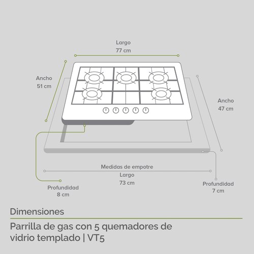 Parrilla de Gas Vidrio Templado con 5 Quemadores Avera VT5
