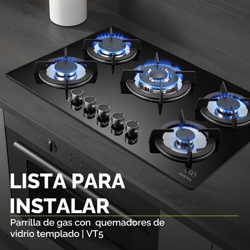 Parrilla de Gas Vidrio Templado con 5 Quemadores Avera VT5