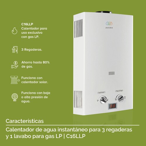 AVERA Calentador Boiler de Agua Instantáneo para Gas LP 3 y medio servicios C16L