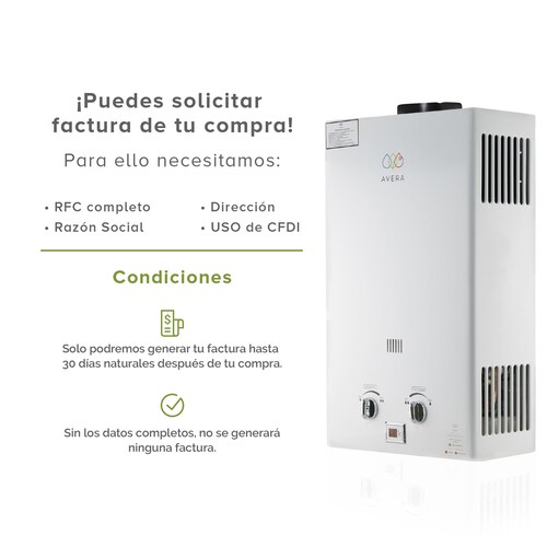 AVERA Calentador Boiler de Agua Instantáneo para Gas LP 3 y medio servicios C16L