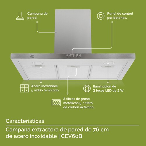 AVERA Campana Extractora o Purificadora para Cocina de Pared 76 cm Acero Inxoidable CEV60B