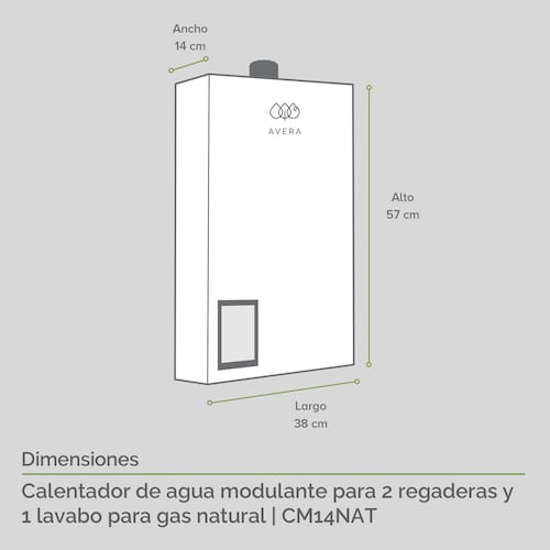 AVERA Calentador Agua Instantáneo Modulante usa Gas Natural para 2 Regaderas CM14NAT