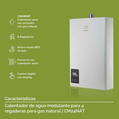AVERA Calentador de Agua Instantaneo Modulante usa Gas Natural para 4 Regaderas CM24NAT