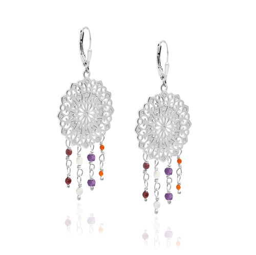 Aretes largos Gerbera de plata con piedras naturales