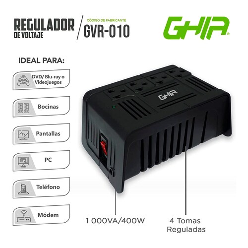 Regulador de Voltaje de 1000VA/400W, Ghia GVR-010, con 4 Contactos.