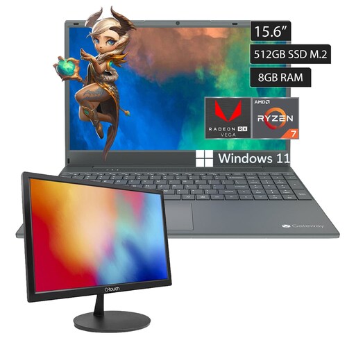 Laptop Gateway Ryzen 7-3700U Disco de Estado Solido 512GB Ram 8GB pantalla 15.6 Pulgadas -Gris + Monitor