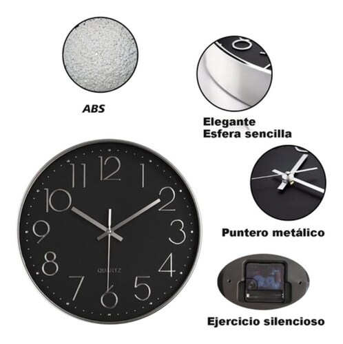Reloj De Pared Decorativo Moderno 3d Cuarzo Negro con Plata