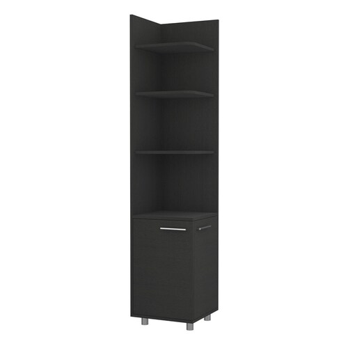 Rack esquinero armable para baño con entrepaños y puertas color chocolate.