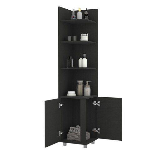 Rack esquinero armable para baño con entrepaños y puertas color chocolate.