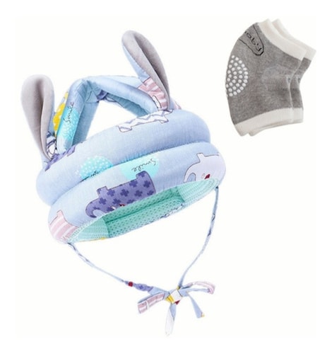 Casco Para Bebes Antigolpes Seguridad Bebes + Rodilleras Azul Elephant