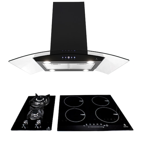 COMBO campana de isla, parrilla de inducción y gas SUPRA PELLEGRINO de cristal templado color negro
