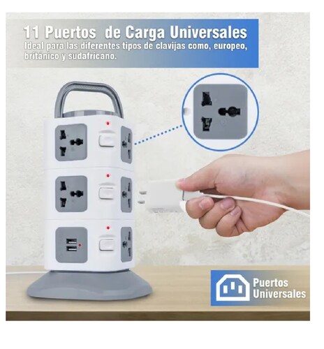 Multicontacto En Torre Regleta 11 Puertos Y 2 Usb Gris