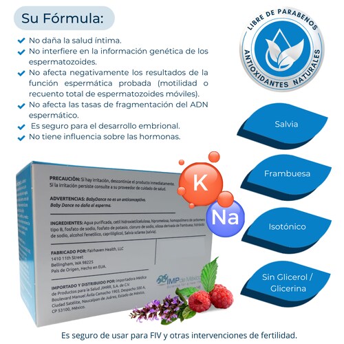 BabyDance Lubricante de Fertilidad. Único gel vaginal, SIN PARABENOS que estimula la fertilidad de ambos cuando buscan embarazo.