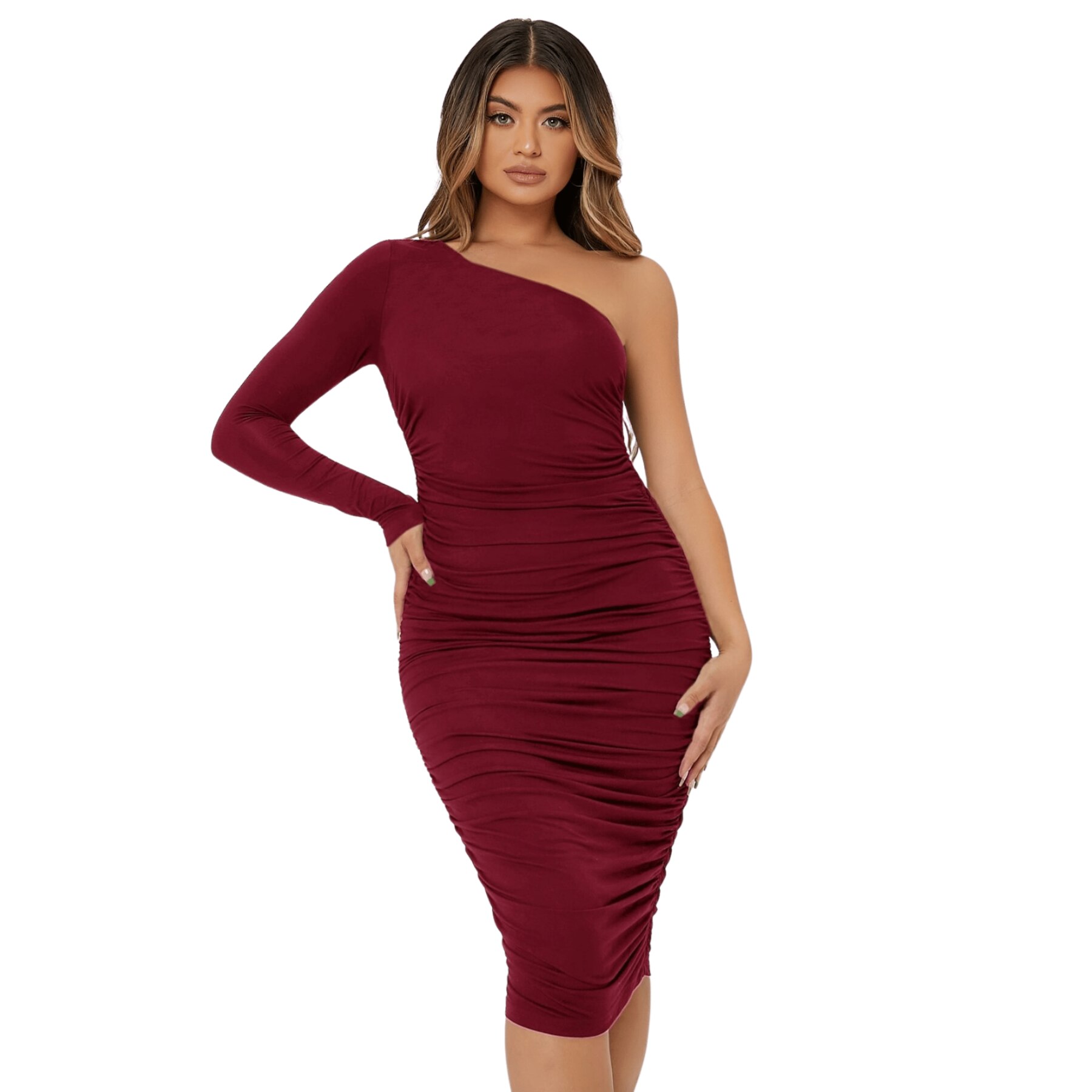 Vestido Roma corte lapiz sexy fruncido sin manga curvy un hombro