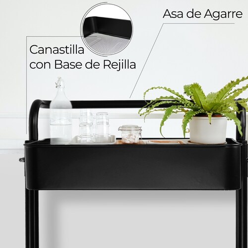 Carrito Auxiliar Organizador 3 Niveles Metalico Ruedas 360 Negro