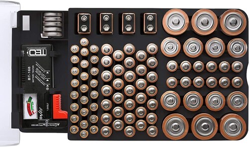 Estuche Organizador de Baterías con Probador de Energía, Capacidad de Hasta 93 Baterías, No Incluye Baterías