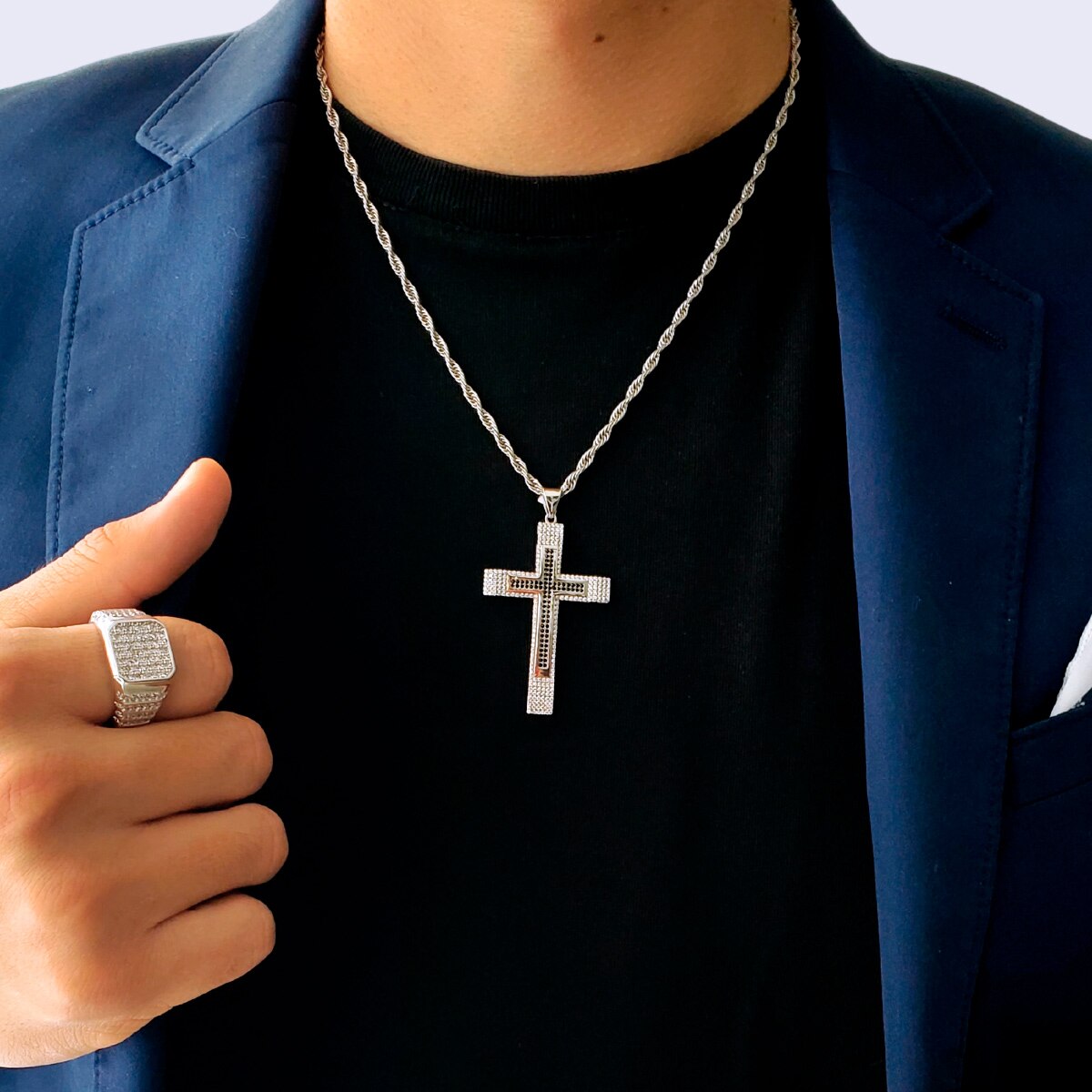 Cadena y cruz de plata .925 hombre bitono con piedra zirconia y