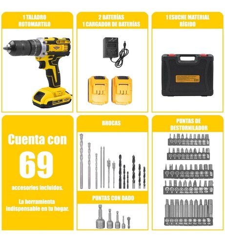 Rotomartillo 330 W 2 Amp Taladro Inalambrico 1/2" Atornillador 1300 RPM Reversible Torque 35 N/M Gutstark