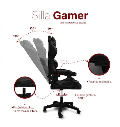 Silla Gamer ergonómica reclinable negro con cojín lumbar hasta 150 Kg .