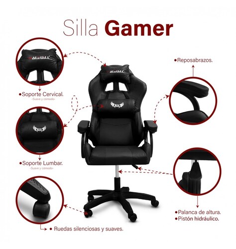 Silla Gamer ergonómica reclinable negro con cojín lumbar hasta 150 Kg .