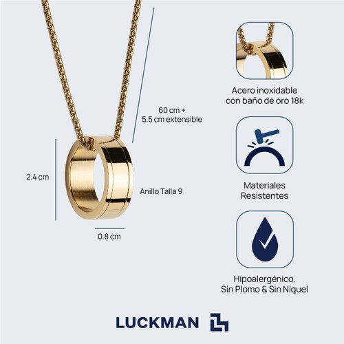 LUCKMAN Collar Hombre con Anillo , Cadena con Dije, Acero Inoxidable con Baño de Oro 18k - Modelo Henry