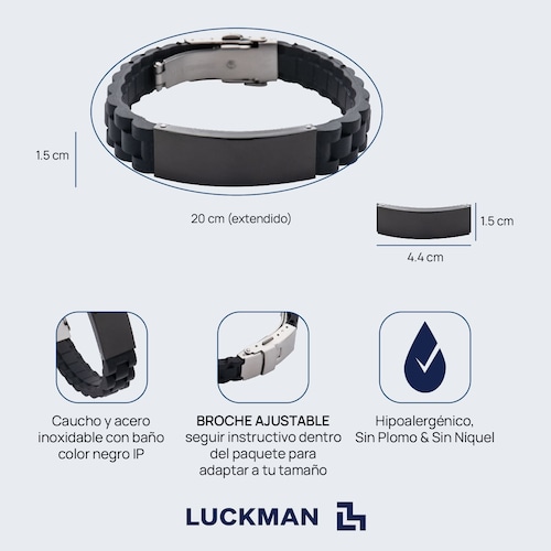 LUCKMAN Pulsera para Hombre de Acero Inoxidable Color Negro y Caucho , Brazalete estilo Reloj - Modelo Carter