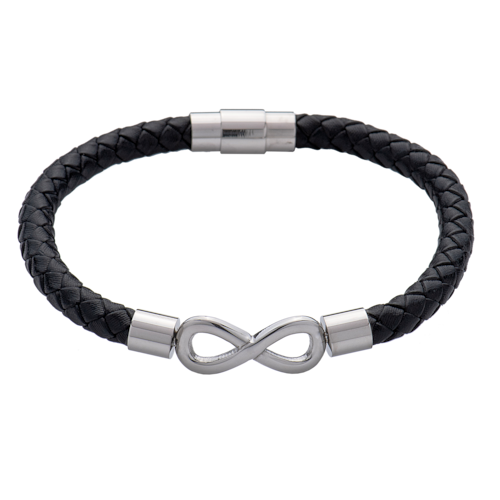 LUCKMAN Pulsera Hombre de Infinito , Brazalete de Cuero Piel Vegana y Acero Inoxidable Color Plata, Broche Magnético - Modelo Owen