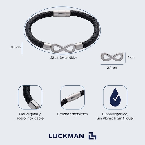 LUCKMAN Pulsera Hombre de Infinito , Brazalete de Cuero Piel Vegana y Acero Inoxidable Color Plata, Broche Magnético - Modelo Owen