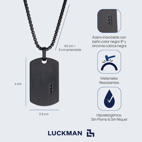 LUCKMAN Collar Hombre , Cadena con Dije de Placa con Zirconia Cúbica, Acero Inoxidable Color Negro - Modelo Gavin