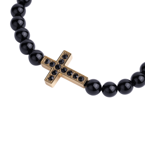 LUCKMAN Pulsera Hombre de Cruz con Piedra Protectora Jade Negra , Zirconia Cúbica y Acero Inoxidable Baño de Oro 18k, estilo Brazalete - Modelo Pier