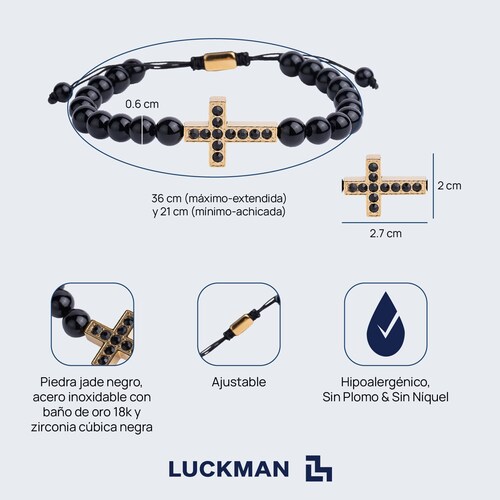 LUCKMAN Pulsera Hombre de Cruz con Piedra Protectora Jade Negra , Zirconia Cúbica y Acero Inoxidable Baño de Oro 18k, estilo Brazalete - Modelo Pier