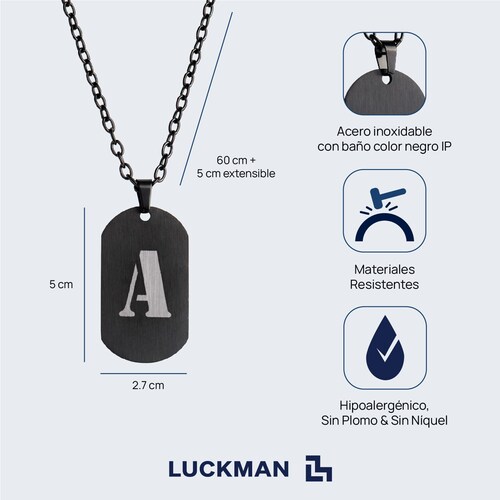 LUCKMAN Collar Hombre de Inicial Letra F , Cadena con Dije, Acero Inoxidable Color Negro y Plata - Modelo Dylan