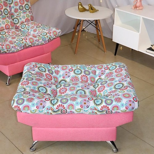 Taburete  Moderno Puff en Lino Rosa Mandala Escabel