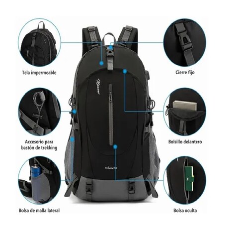 Mochila Impermeable 50l Para Senderismo Montañismo Negro