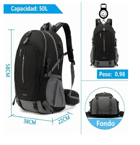 Mochila Impermeable 50l Para Senderismo Montañismo Negro