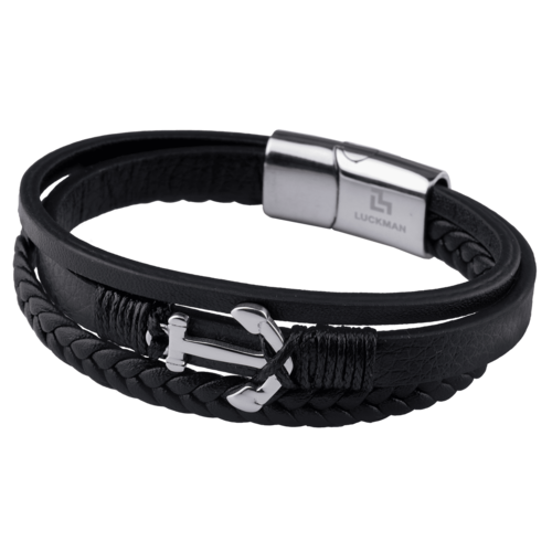 LUCKMAN Pulsera Hombre de Ancla , Brazalete de Cuero Piel Vegana y Acero Inoxidable Color Plata, Broche Magnético - Modelo Liam